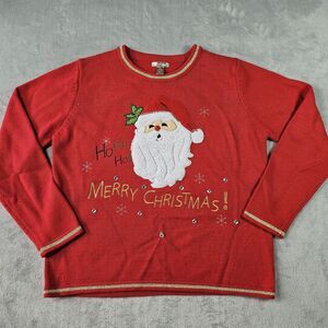 White Stag Christmas Sweater Santa Textured Beard Women's Large Red Grannycore